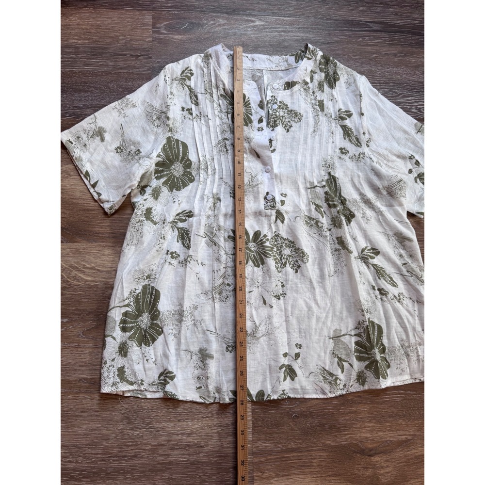 Floral Pintuck Button Front Blouse Olive Green White Short Sleeve XL - Picture 4 of 9